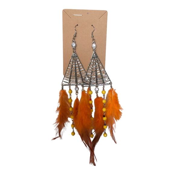 Boho Chic Pattern Metal Chandelier With Beads And Orange Feathers Earrings - Picture 2 of 12